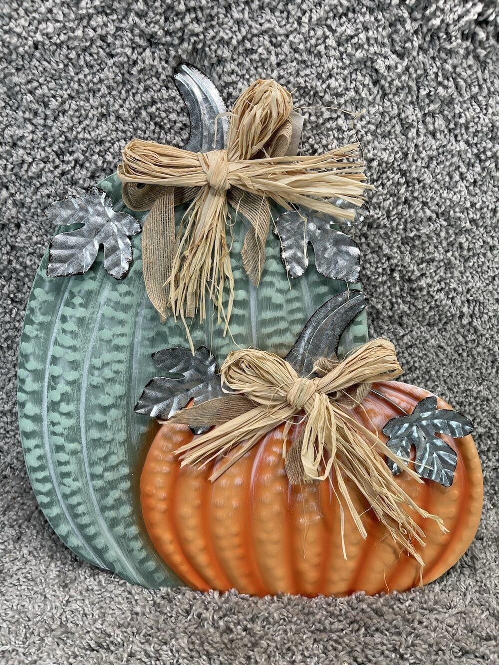 Green & Orange Pumpkins Metal Raffia & Burlap Bow Home Decor Outdoor Fall New